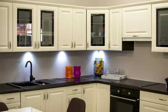 Kitchen with custom cabinets and under-cabinet lighting